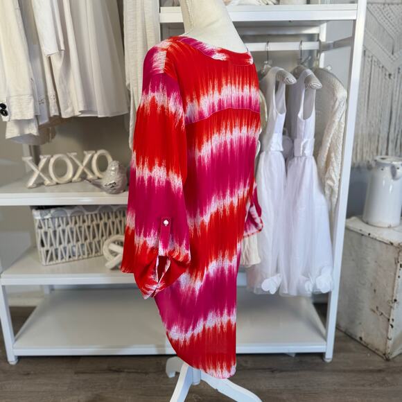 Cato Women's Size L Red and Pink Tie Dye Striped High Low Blouse #3456 - Picture 4 of 8
